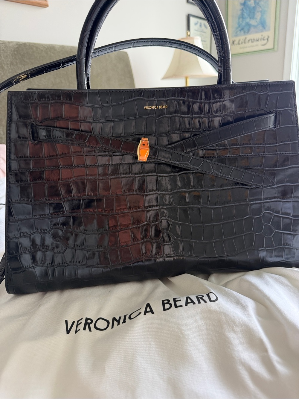 Veronica Beard Black Croc-Embossed Top-Handle Tote with Bow Strap Accent